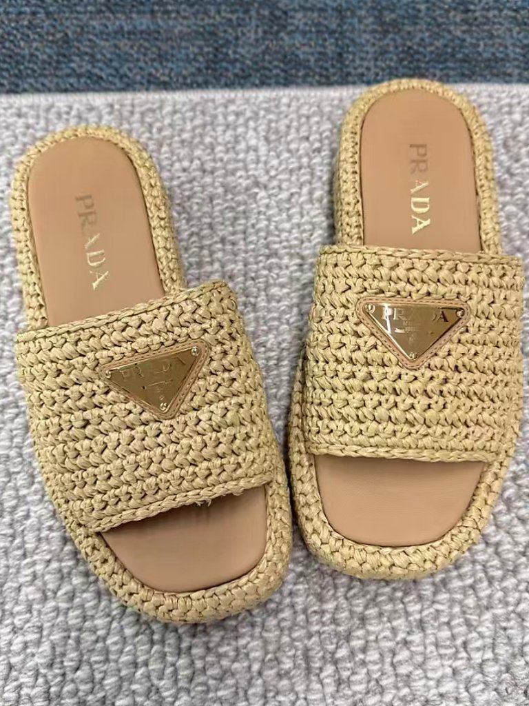 Prada Hand Crochet Raffia Platform Slide